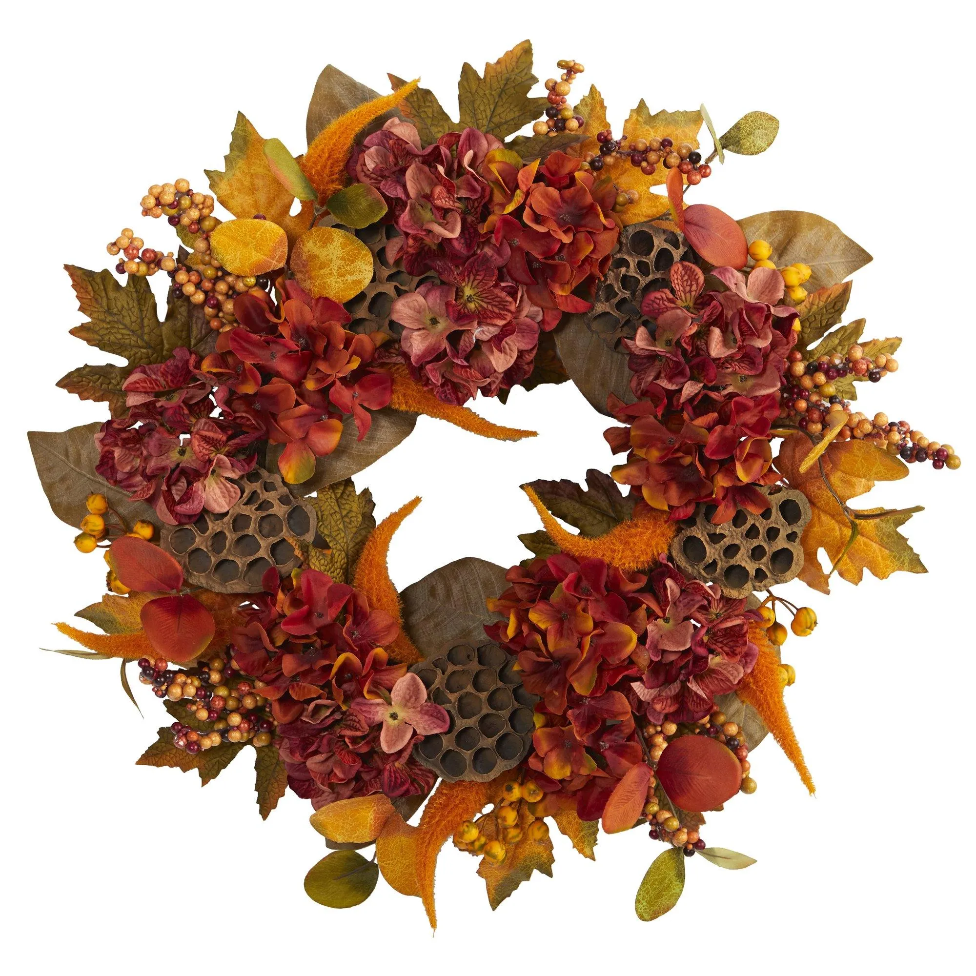 24” Fall Hydrangea, Lotus and Berries Artificial Wreath