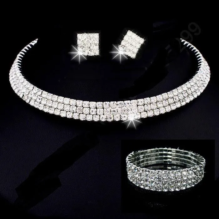 925 Sterling Silver Shining Rhinestone Crystal Collar Necklace Earring Bracelet Bridal Wedding and Engagement Jewelry Set