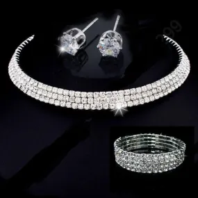 925 Sterling Silver Shining Rhinestone Crystal Collar Necklace Earring Bracelet Bridal Wedding and Engagement Jewelry Set