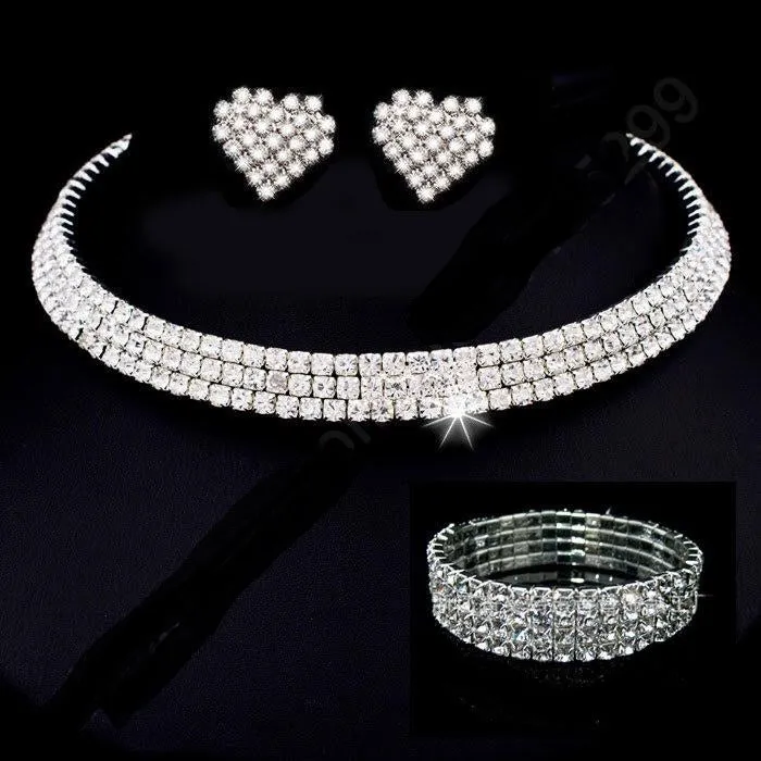 925 Sterling Silver Shining Rhinestone Crystal Collar Necklace Earring Bracelet Bridal Wedding and Engagement Jewelry Set