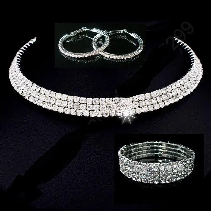 925 Sterling Silver Shining Rhinestone Crystal Collar Necklace Earring Bracelet Bridal Wedding and Engagement Jewelry Set