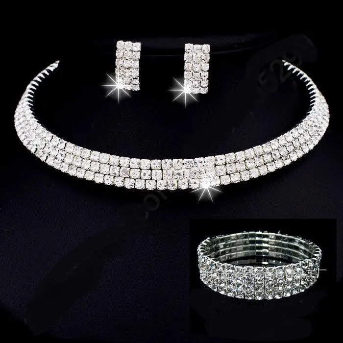 925 Sterling Silver Shining Rhinestone Crystal Collar Necklace Earring Bracelet Bridal Wedding and Engagement Jewelry Set