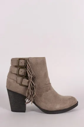 Bamboo Suede Buckled Side Fringe Chunky Heeled Booties