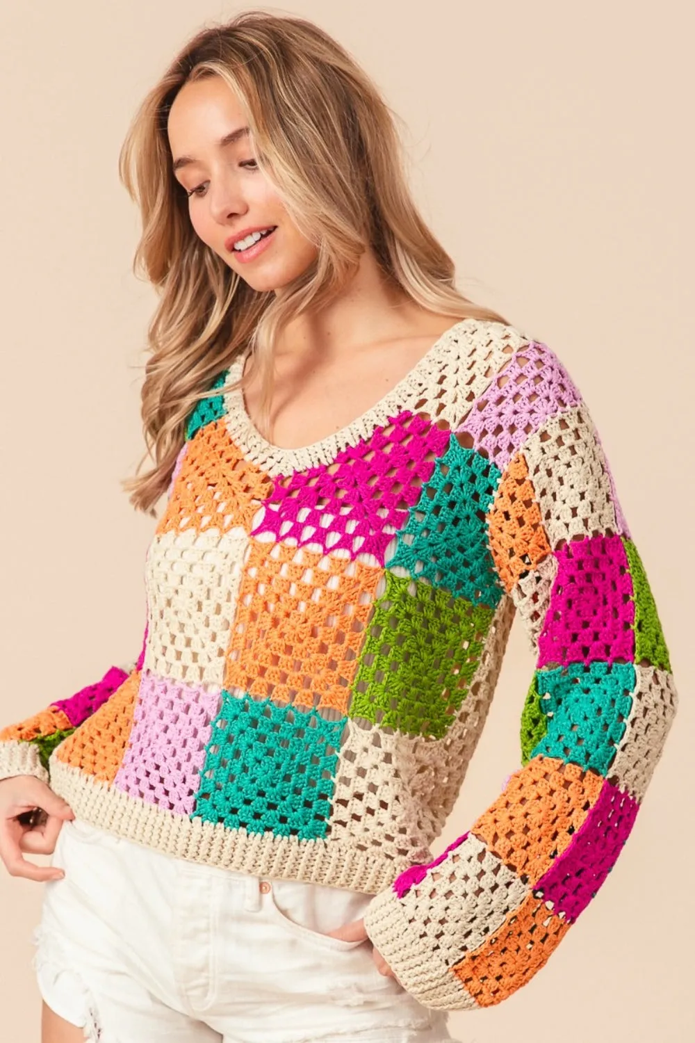 BiBi Multi Color Checkered Long Sleeve Knit Top