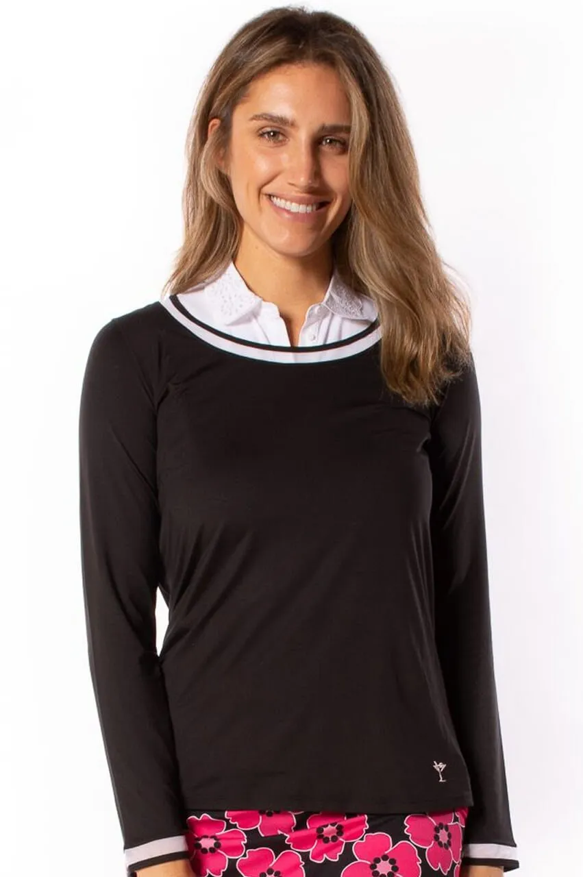 Black/White Long Sleeve Mesh Trim Top