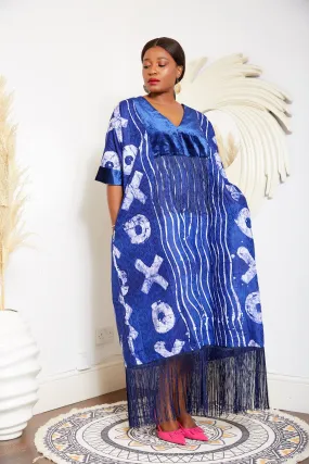 Blue Kampala Adire Kaftan Boubou Fringe Dress - Thabita