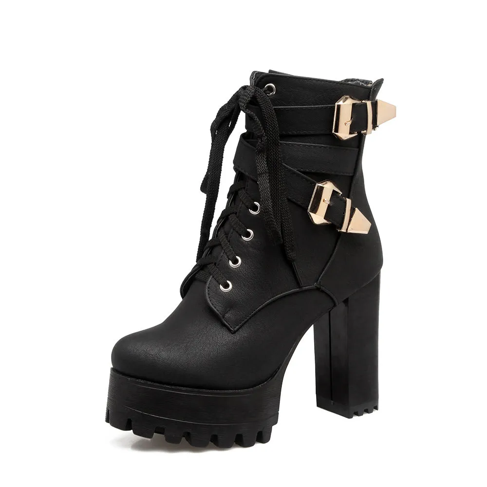 Chunky Platform Thick Heel Lace-Up Buckle Strapped Boots