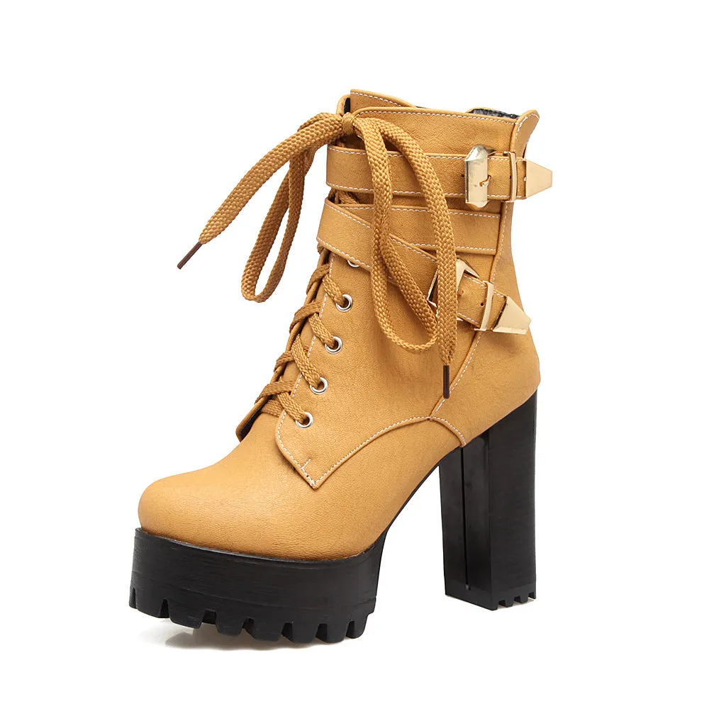 Chunky Platform Thick Heel Lace-Up Buckle Strapped Boots