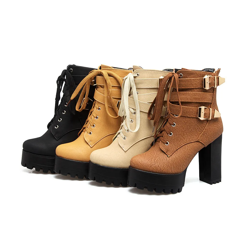 Chunky Platform Thick Heel Lace-Up Buckle Strapped Boots