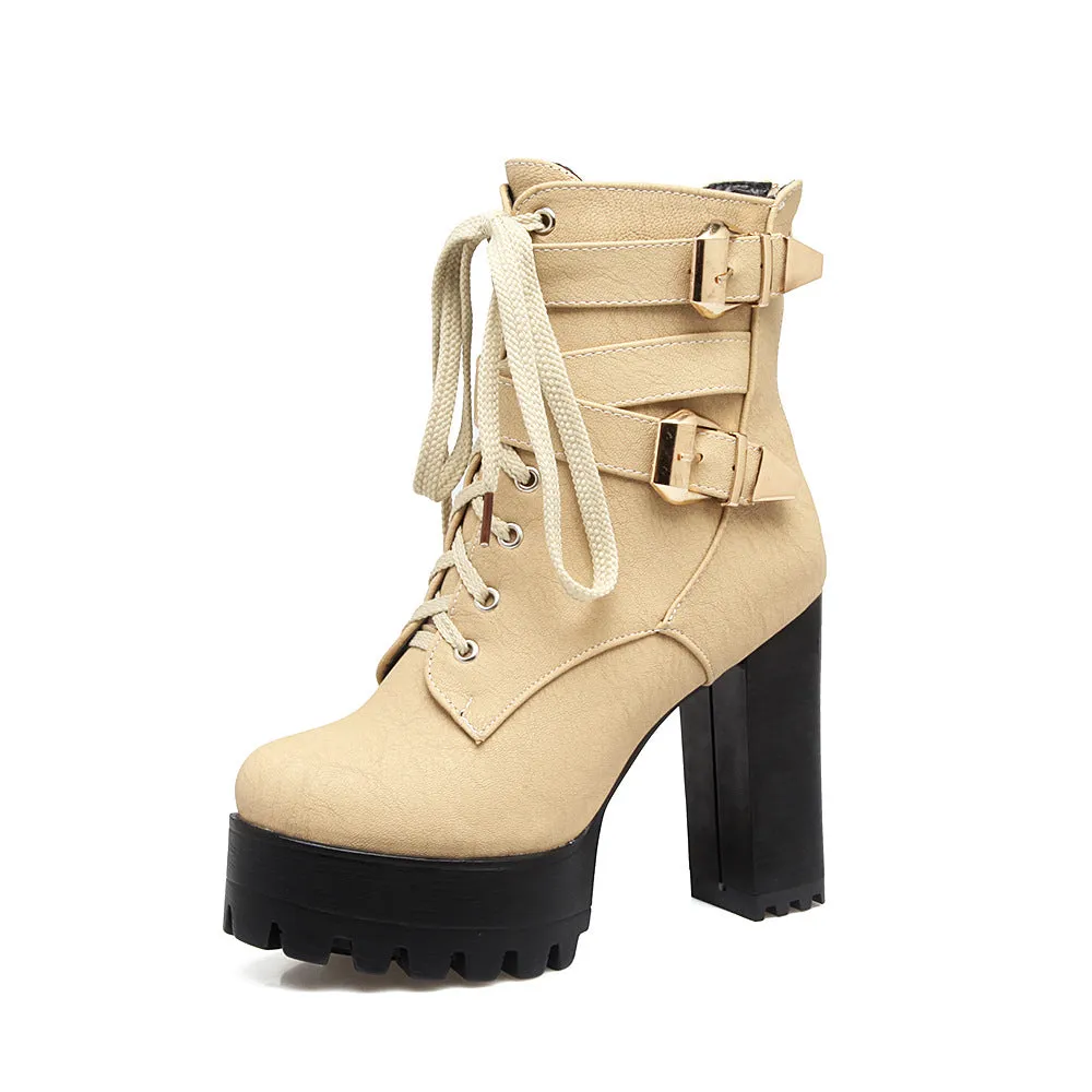 Chunky Platform Thick Heel Lace-Up Buckle Strapped Boots