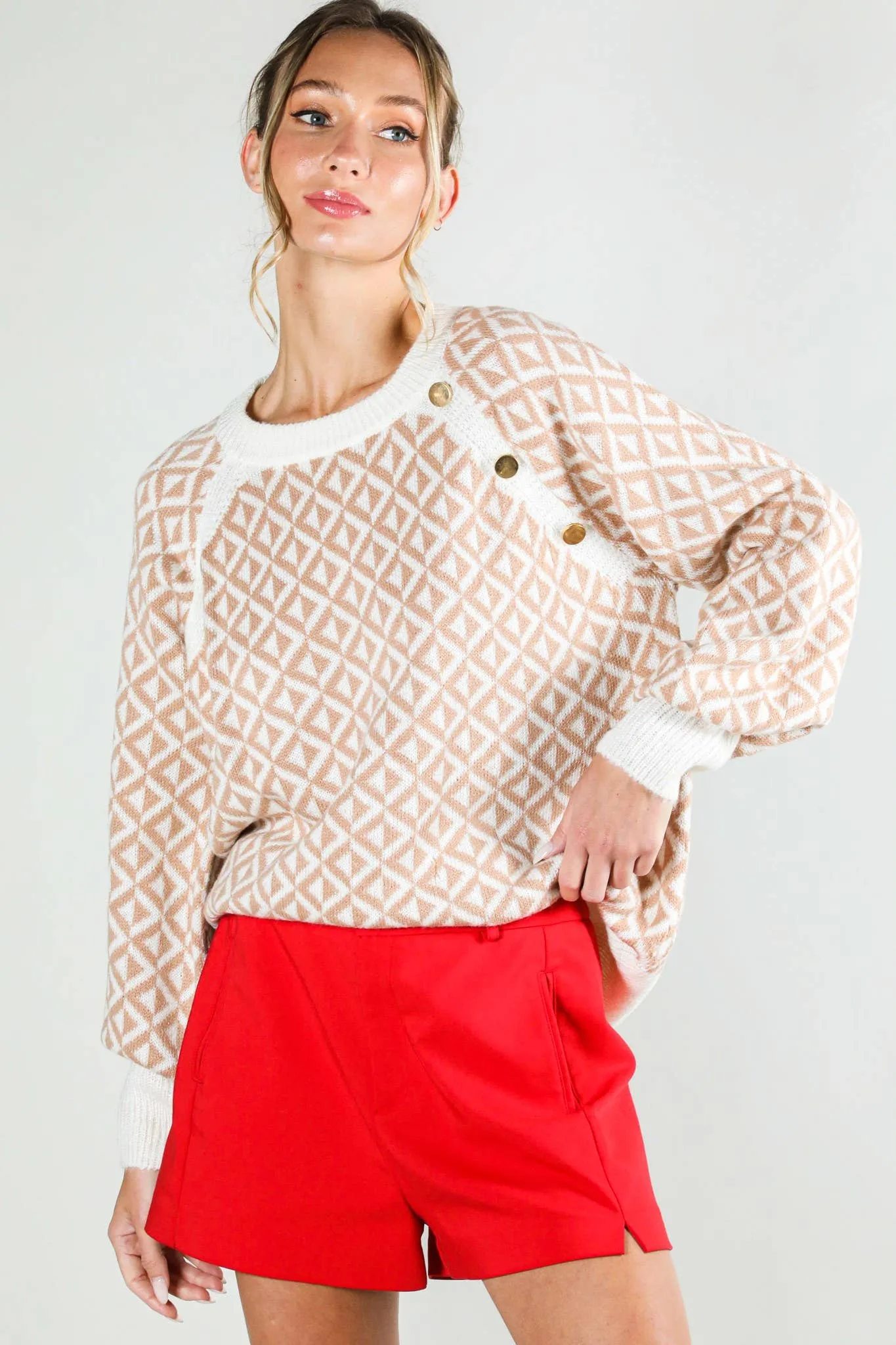 Crew Neck Button Detail Geo Patterned Knitted Sweater