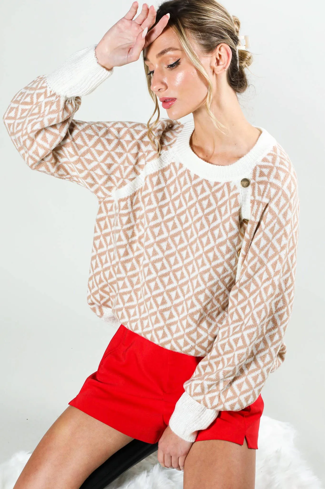 Crew Neck Button Detail Geo Patterned Knitted Sweater