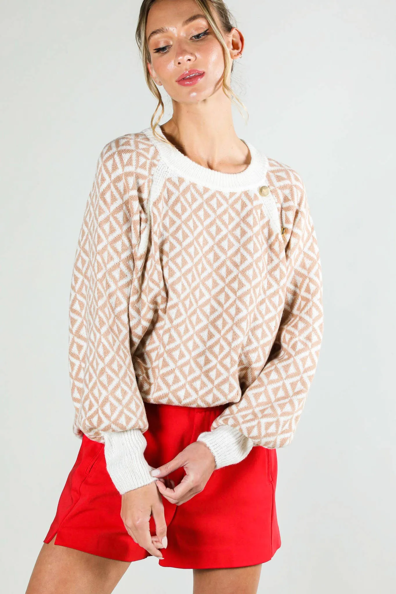 Crew Neck Button Detail Geo Patterned Knitted Sweater