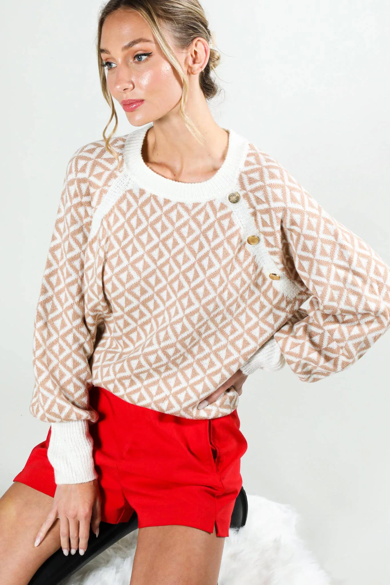 Crew Neck Button Detail Geo Patterned Knitted Sweater