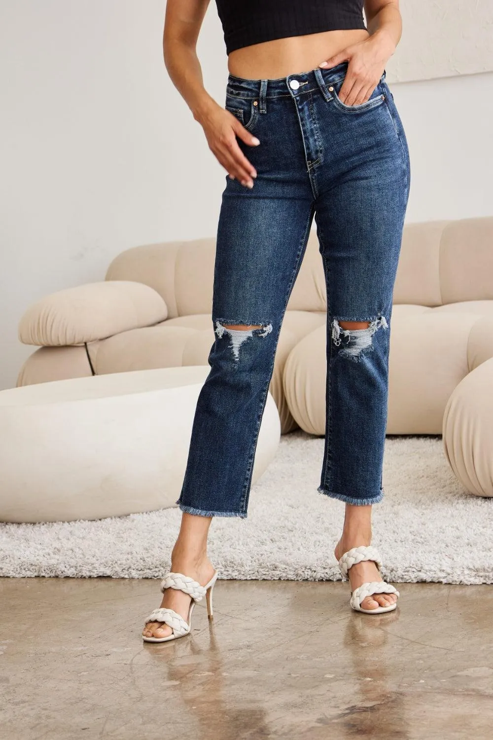 Distressed High Waist Raw Hem Jeans