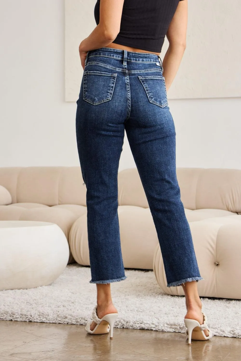 Distressed High Waist Raw Hem Jeans