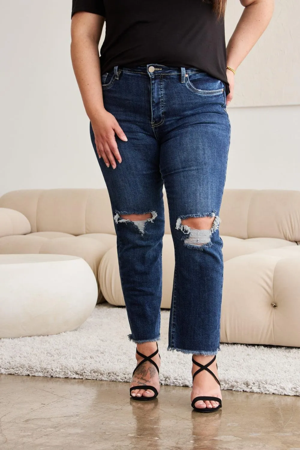 Distressed High Waist Raw Hem Jeans