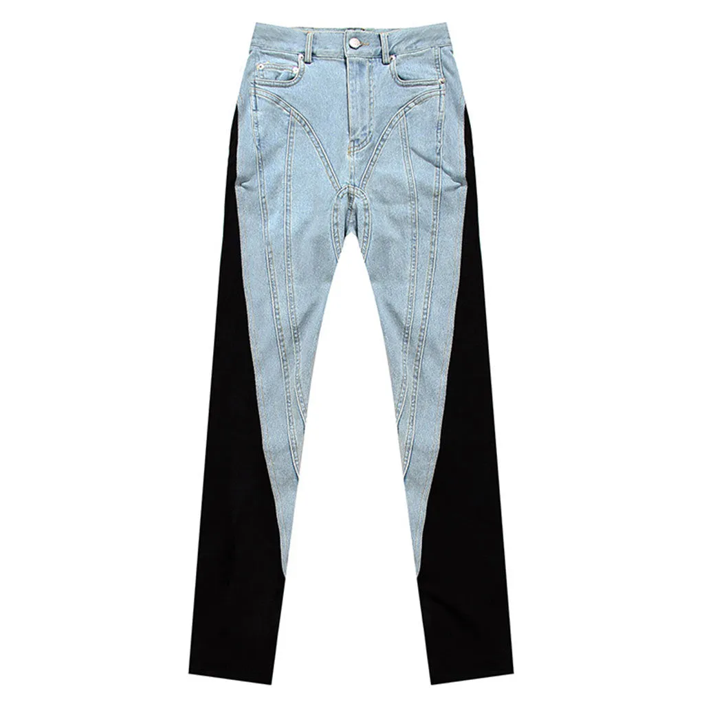 Edgy Two Tone Twisted Seam High Waist Skinny Spliced Jeans