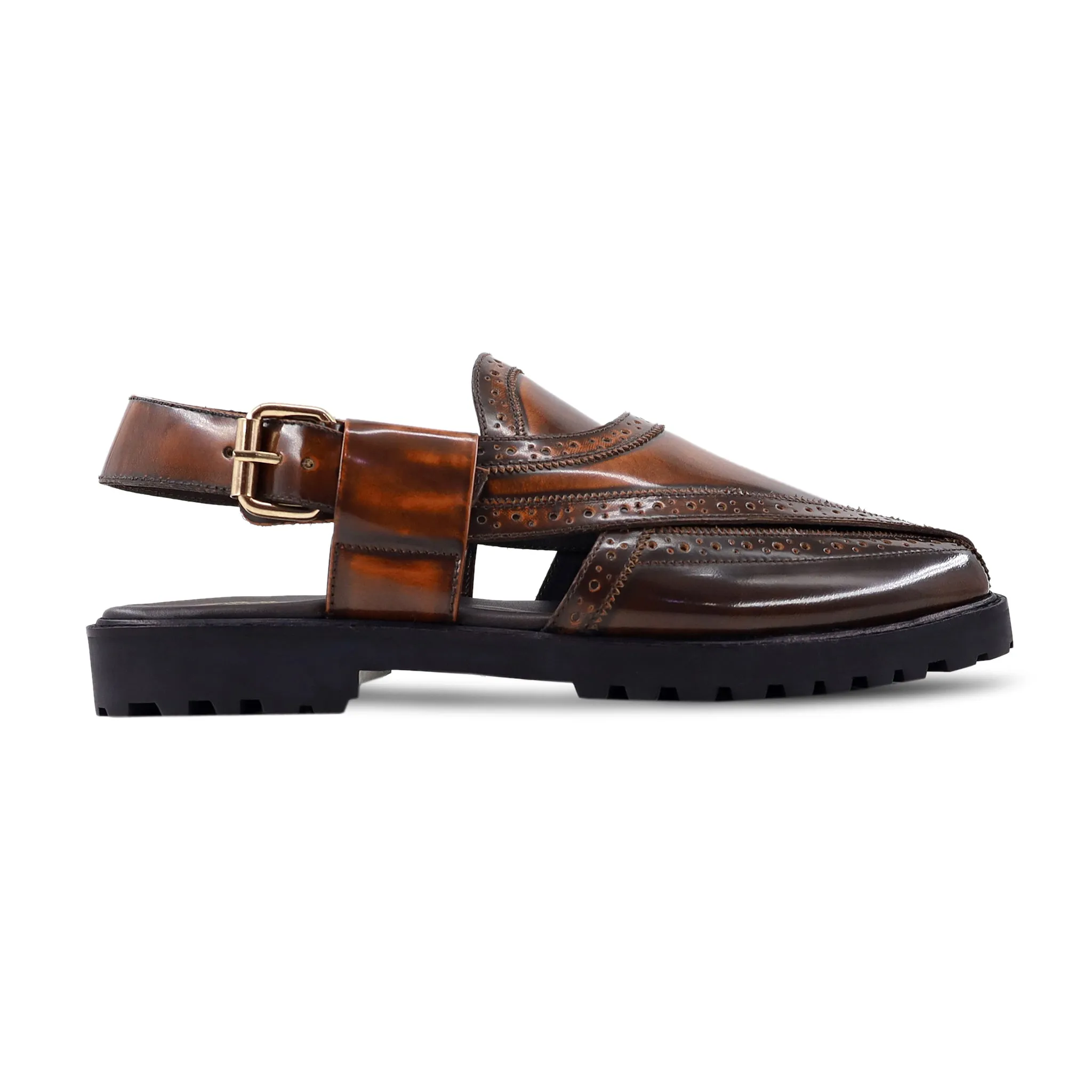 Elza - Men's Burnished Brown Box Leather High Shine Sandal