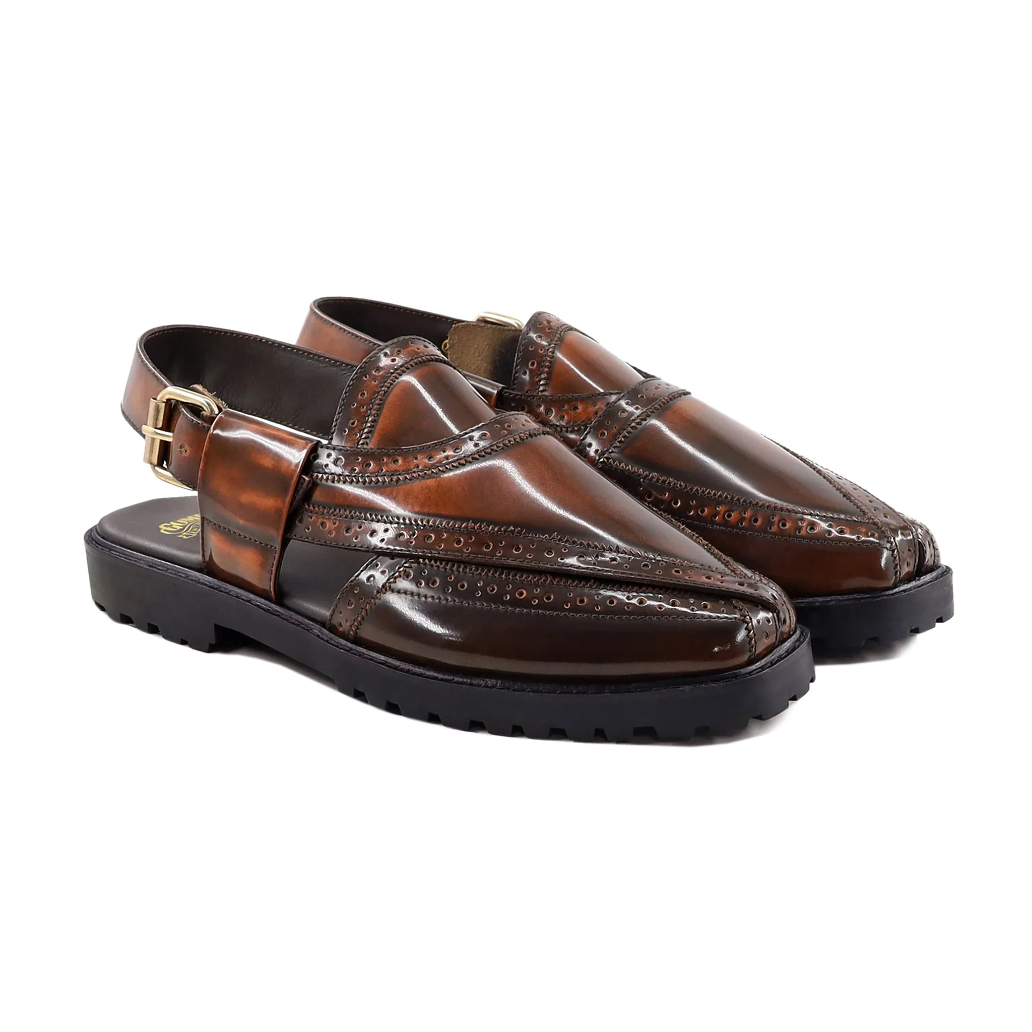 Elza - Men's Burnished Brown Box Leather High Shine Sandal