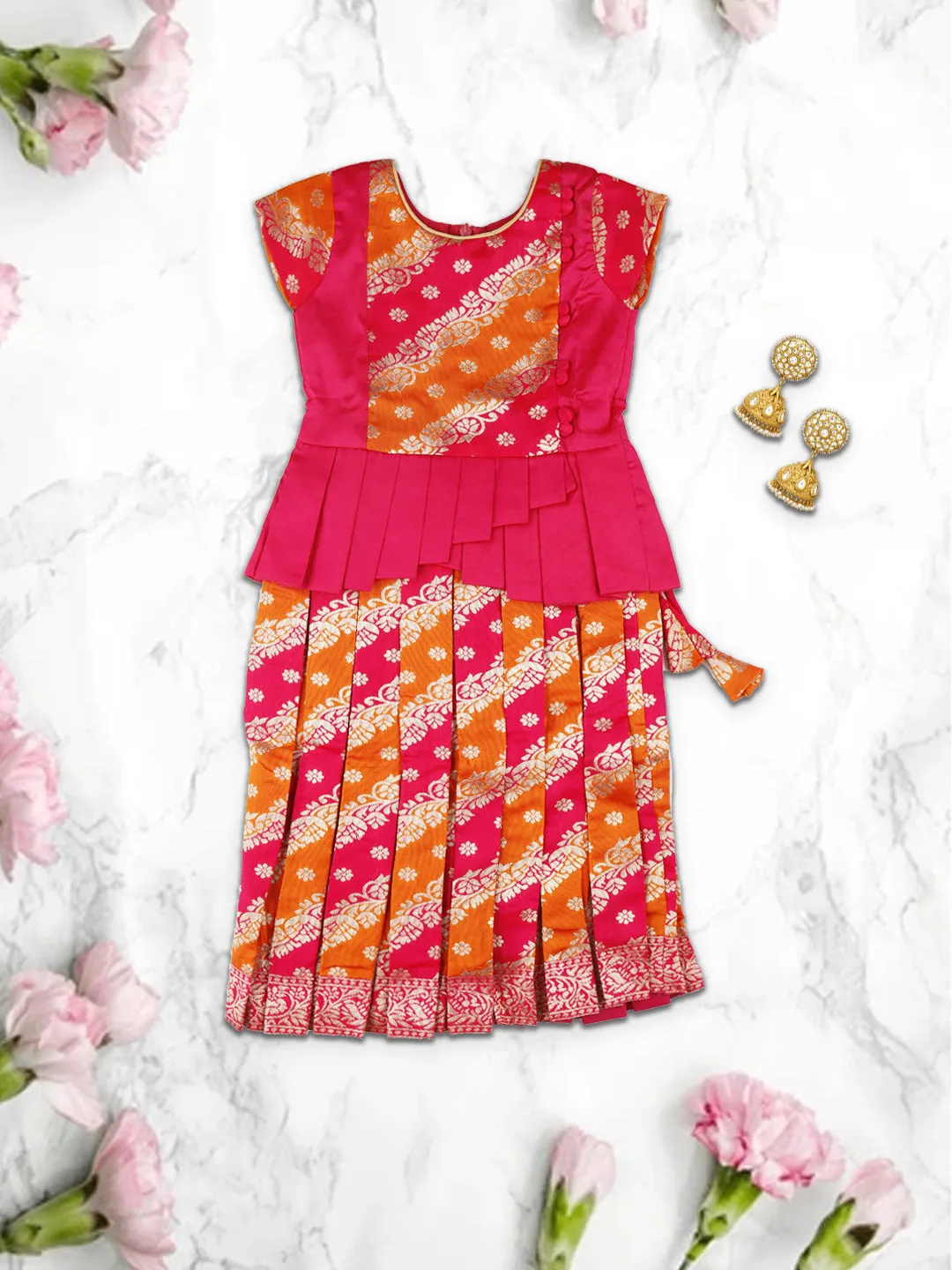 Girls Elegant Pattu Pavadai set Magenta with Orange - GPS01