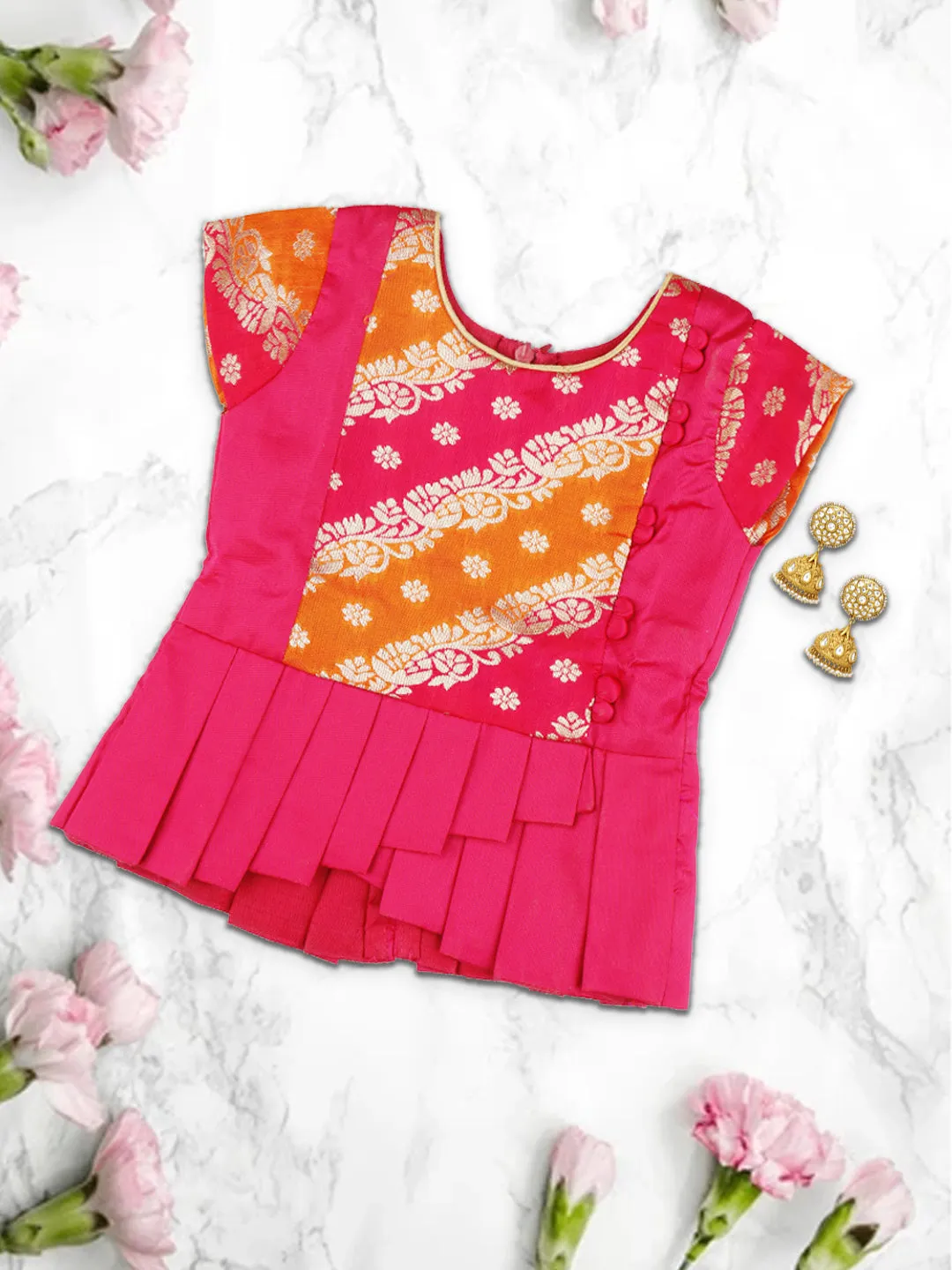 Girls Elegant Pattu Pavadai set Magenta with Orange - GPS01