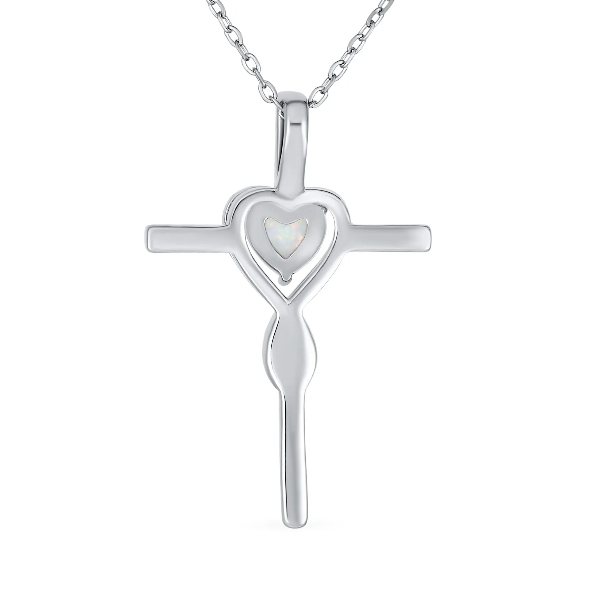 Heart Infinity White Created Opal Cross Pendant Necklace .925 Sterling Silver