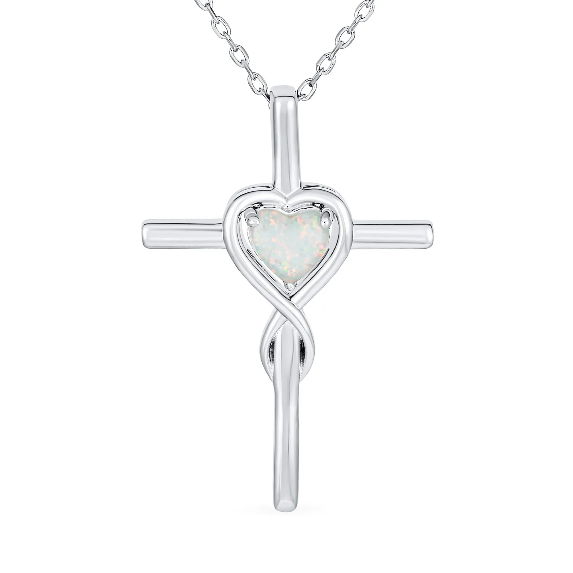 Heart Infinity White Created Opal Cross Pendant Necklace .925 Sterling Silver