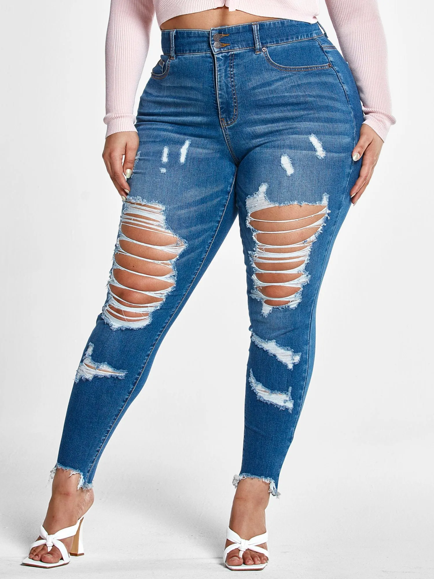 High Rise Blowout Curvy Fit Skinny Jeans - Tall Inseam