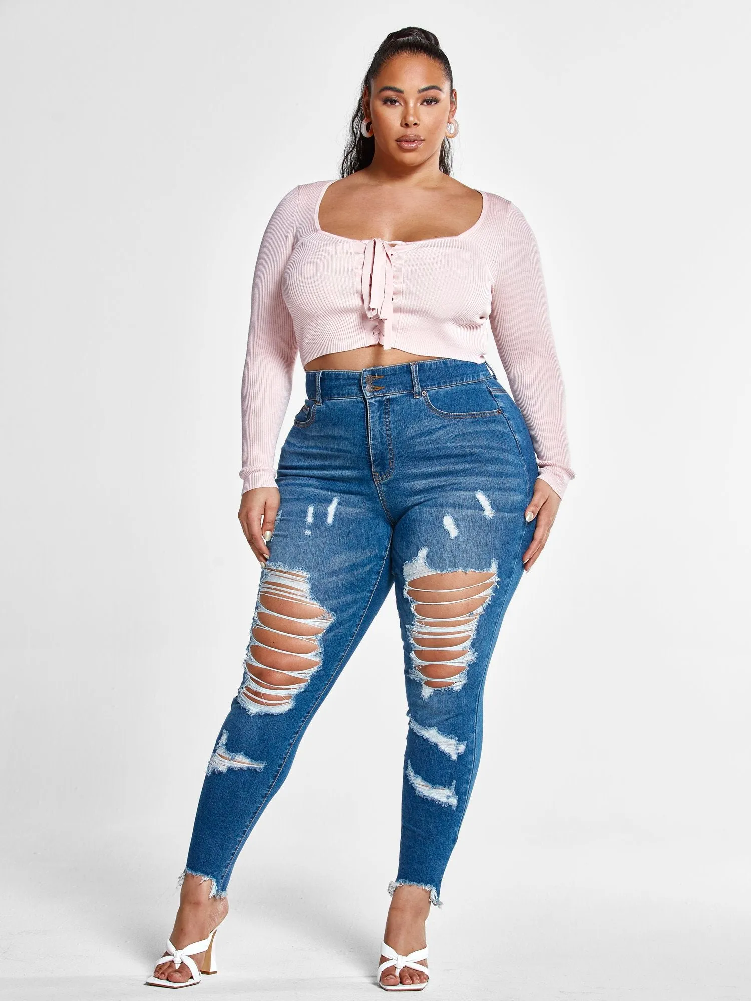 High Rise Blowout Curvy Fit Skinny Jeans - Tall Inseam