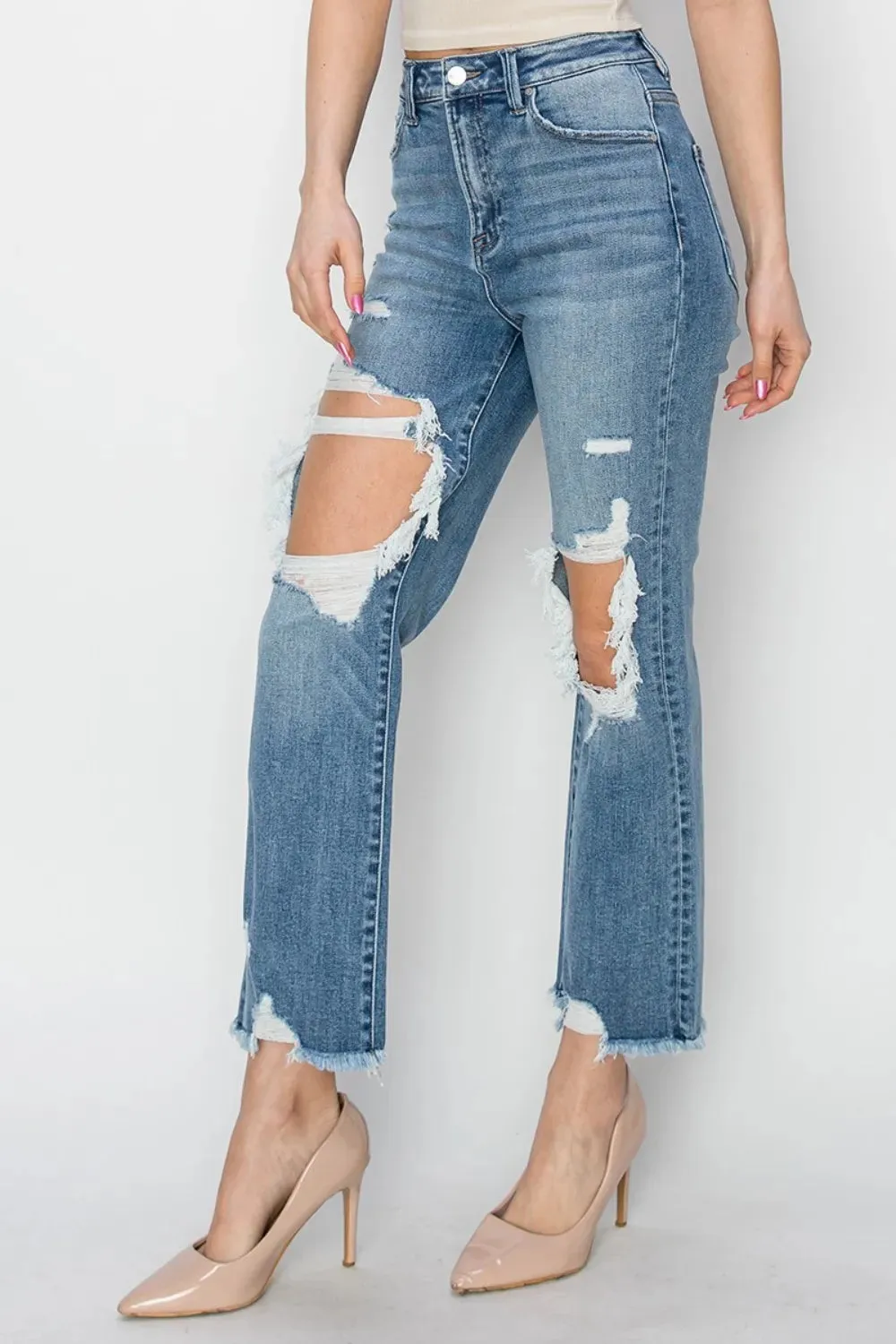 High Rise Distressed Crop Straight Jeans