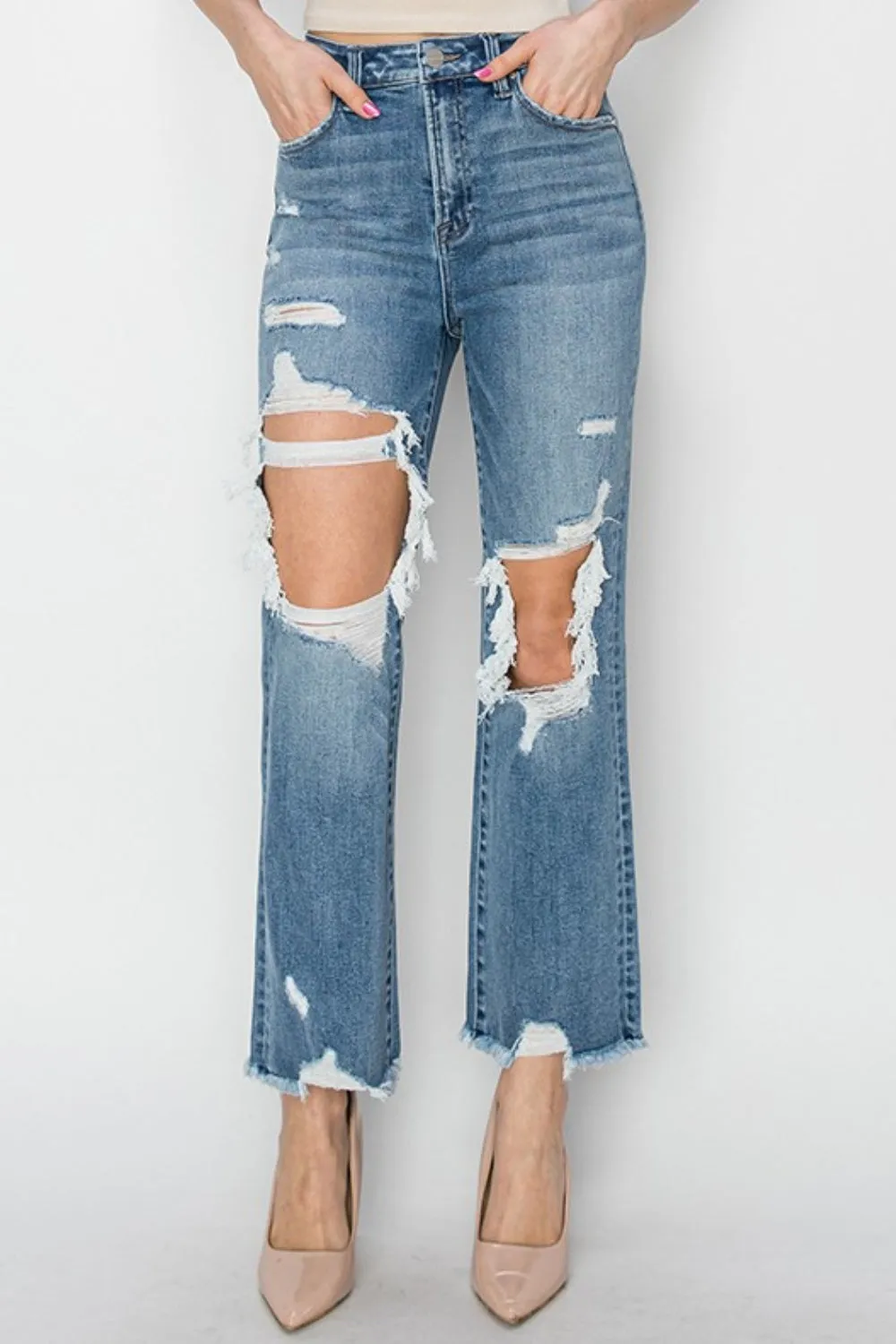 High Rise Distressed Crop Straight Jeans