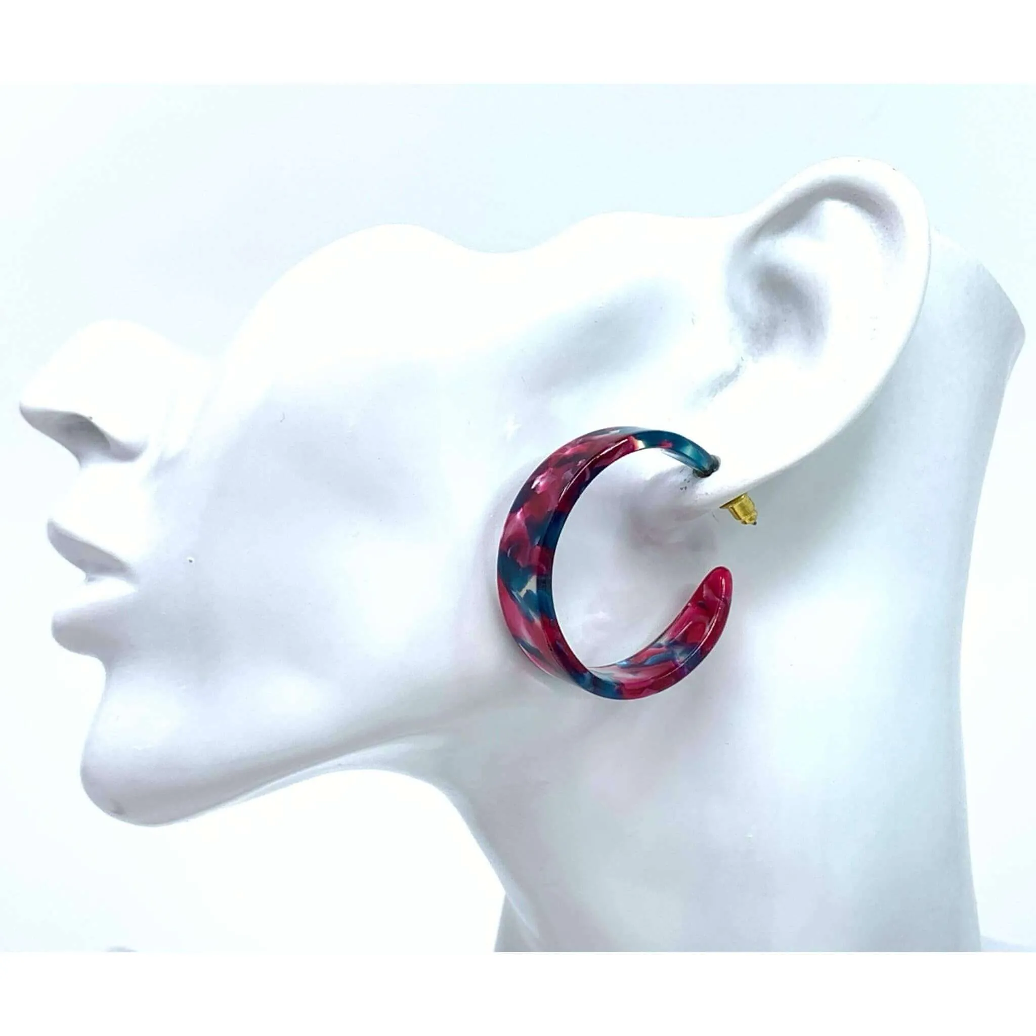 Hot Pink And Blue Resin Hoop Earrings