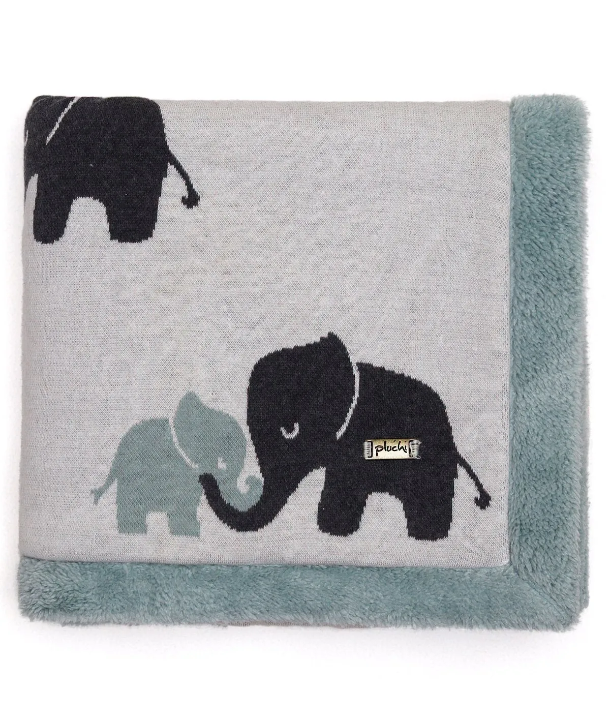 Indian Elephant - Ivory & Indus Blue Color Cotton Knitted Blanket with Faux Fur Back for Babies