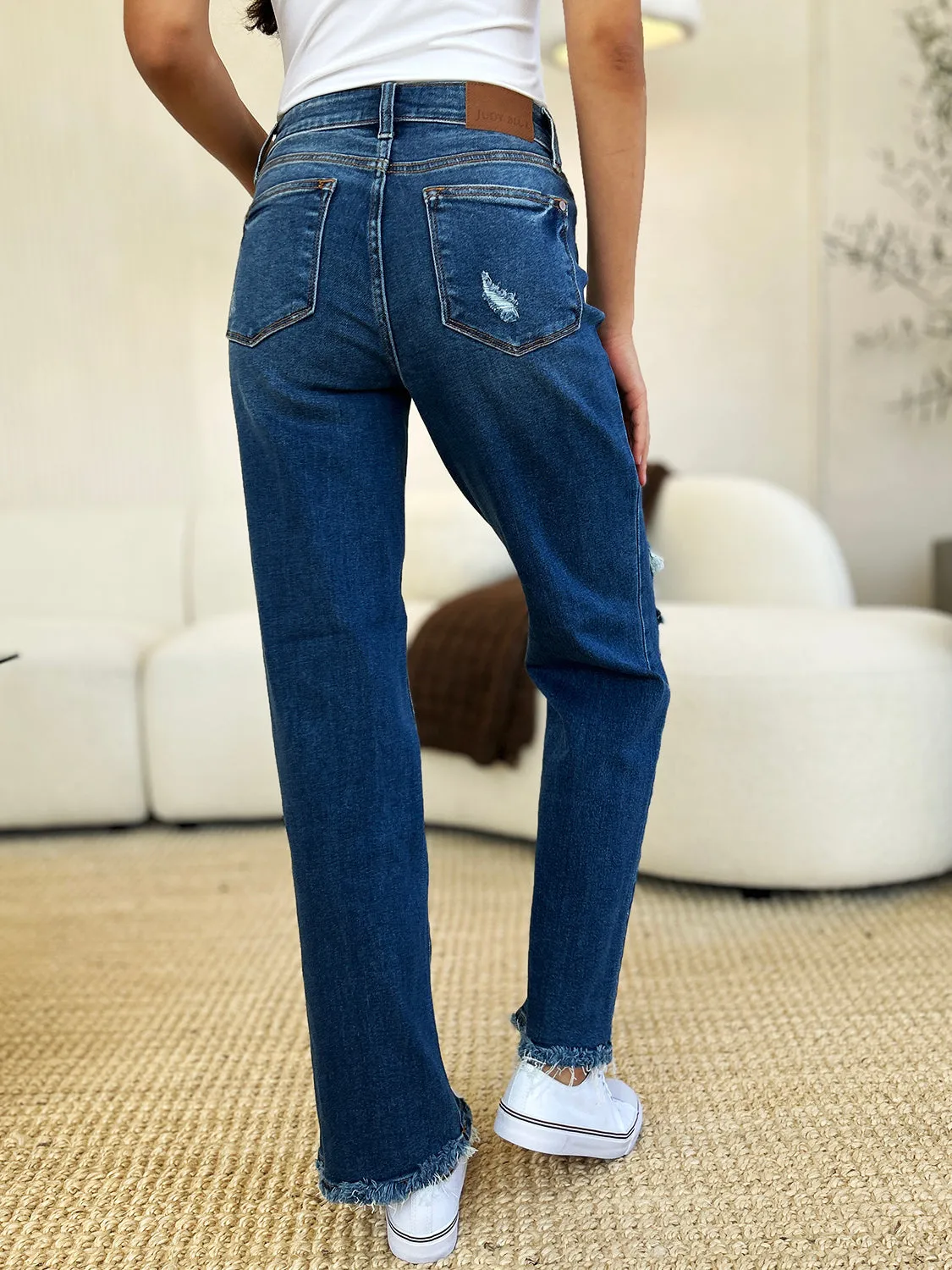 Judy Blue Full Size Mid Rise Distressed Raw Hem Jeans