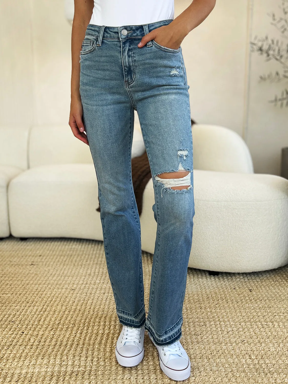 Judy Blue Mid Rise Destroyed Hem Distressed Jeans [Online Exclusive]