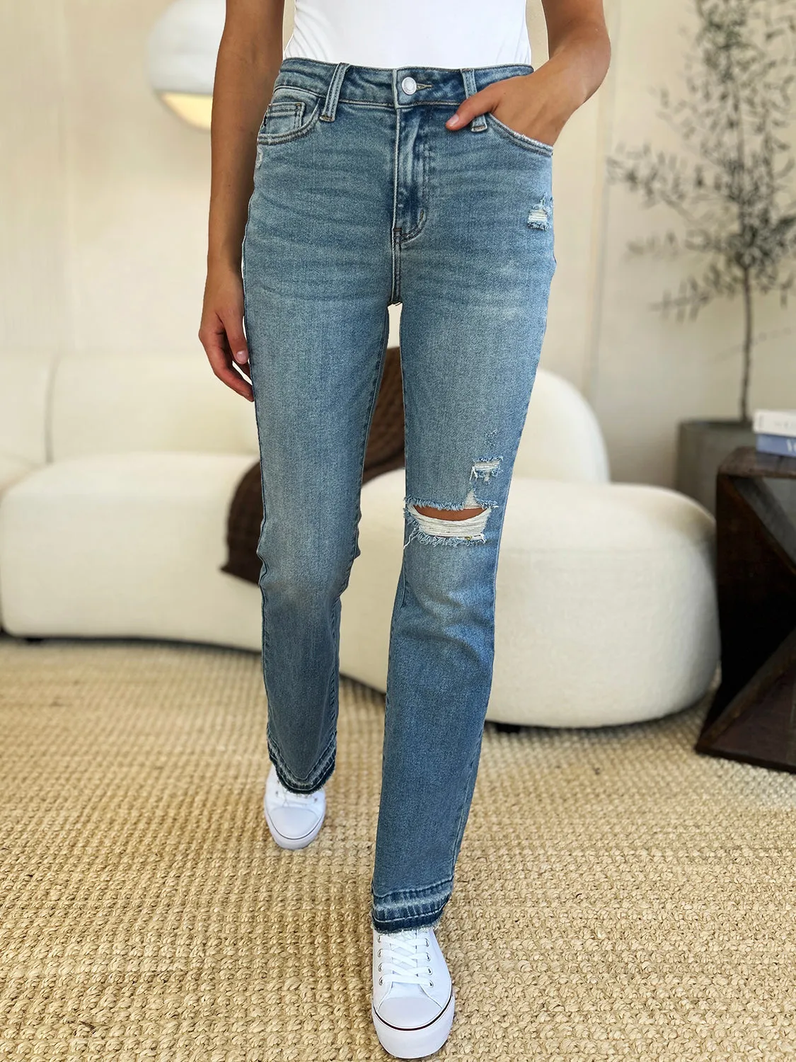 Judy Blue Mid Rise Destroyed Hem Distressed Jeans [Online Exclusive]