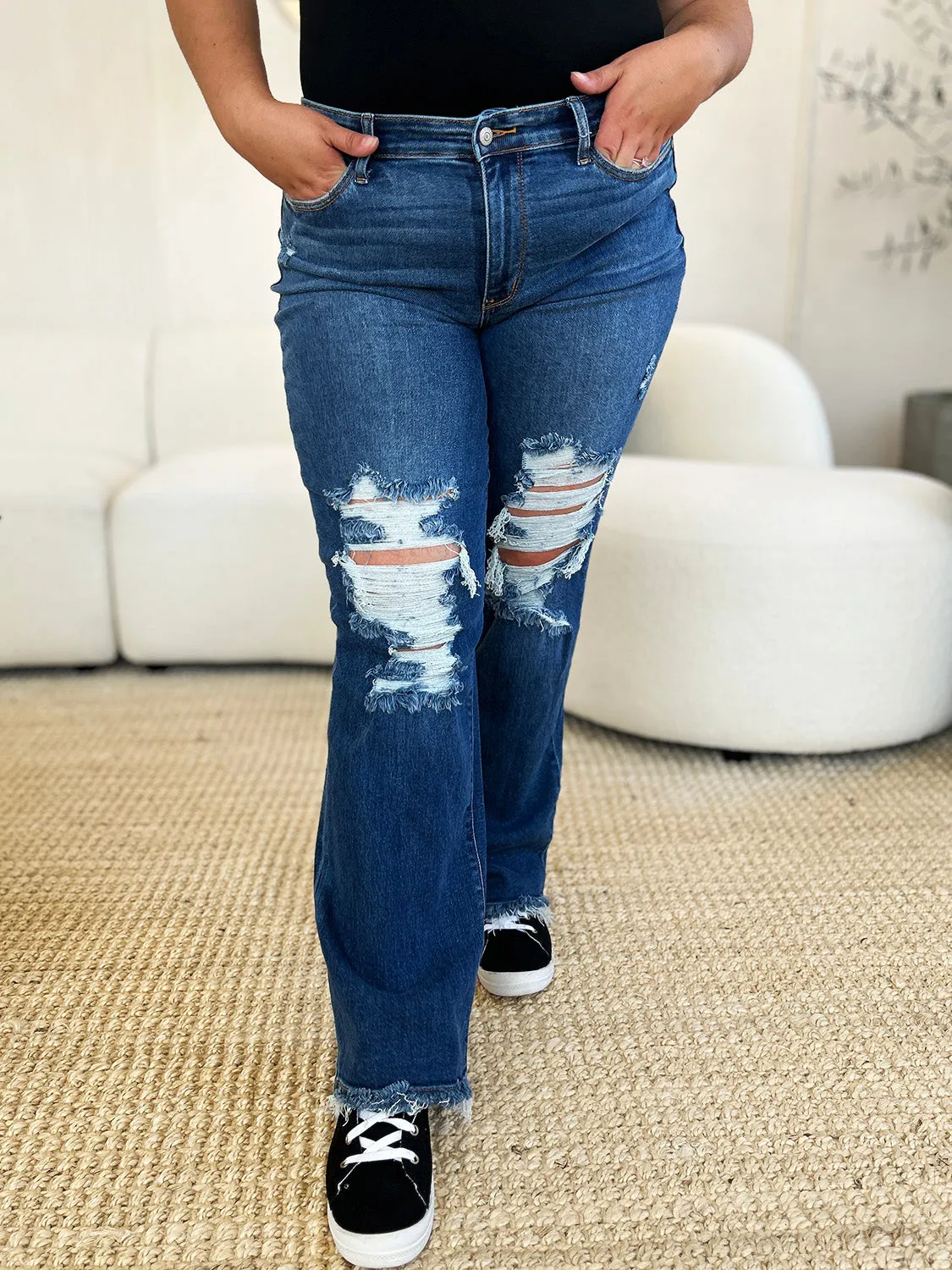 Judy Blue Mid Rise Distressed Raw Hem Jeans [Online Exclusive]