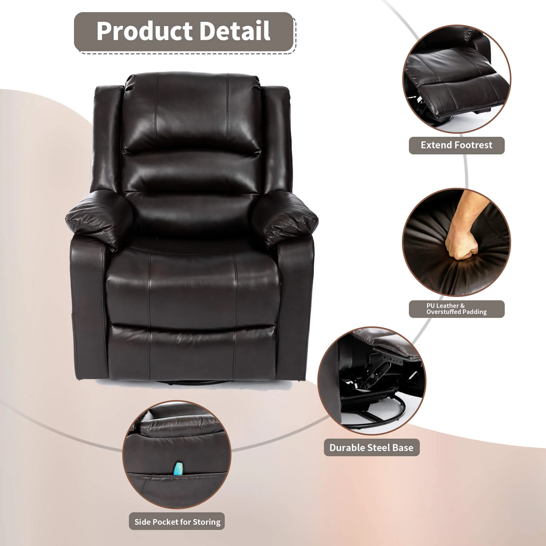 Massage Recliner Chair Breathable Faux Leather Ergonomic Lounge Chair, Dark Brown