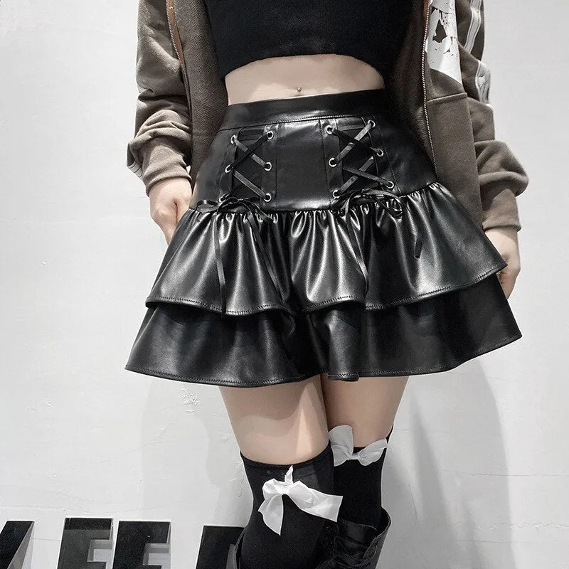 'Our Love' Black High Waist Pleated PU Leather Mini Skirt