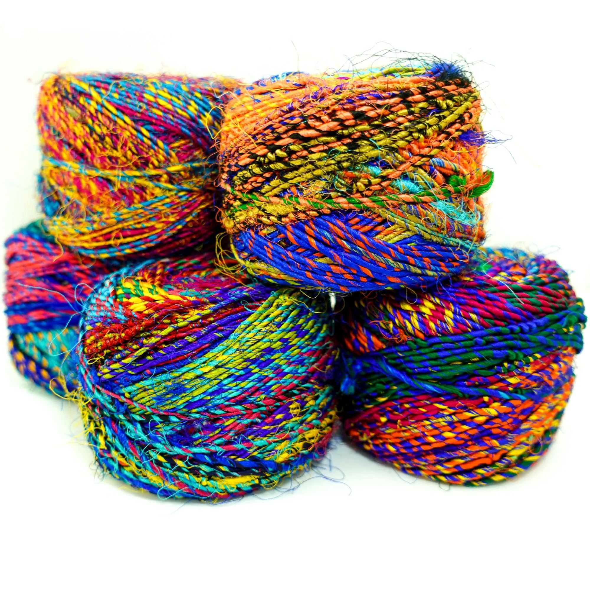 Revolution Fibers Multi-Color Recycled Sari Silk Yarn, Handspun Sari Fabric Scrap Yarn Cakes | 100 Grams per Ball