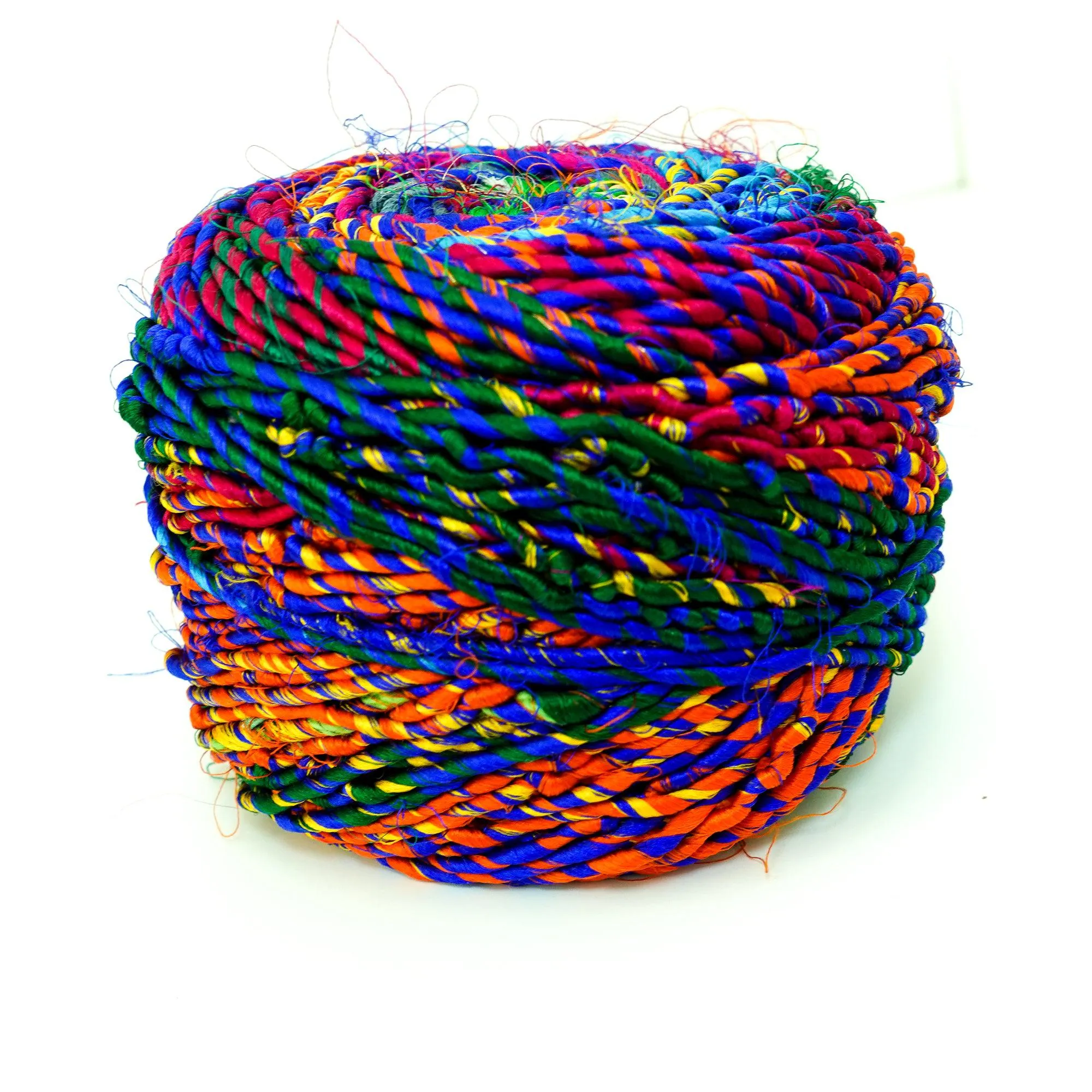 Revolution Fibers Multi-Color Recycled Sari Silk Yarn, Handspun Sari Fabric Scrap Yarn Cakes | 100 Grams per Ball