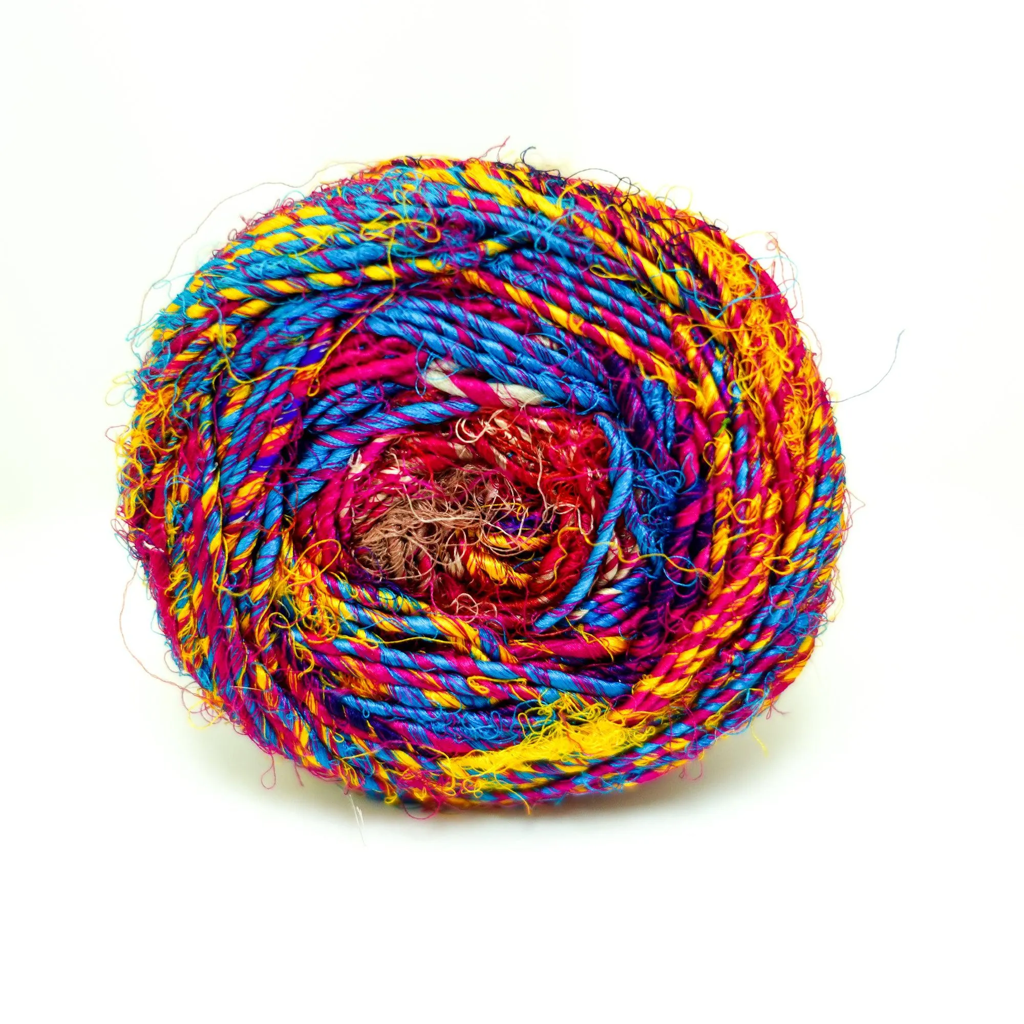 Revolution Fibers Multi-Color Recycled Sari Silk Yarn, Handspun Sari Fabric Scrap Yarn Cakes | 100 Grams per Ball