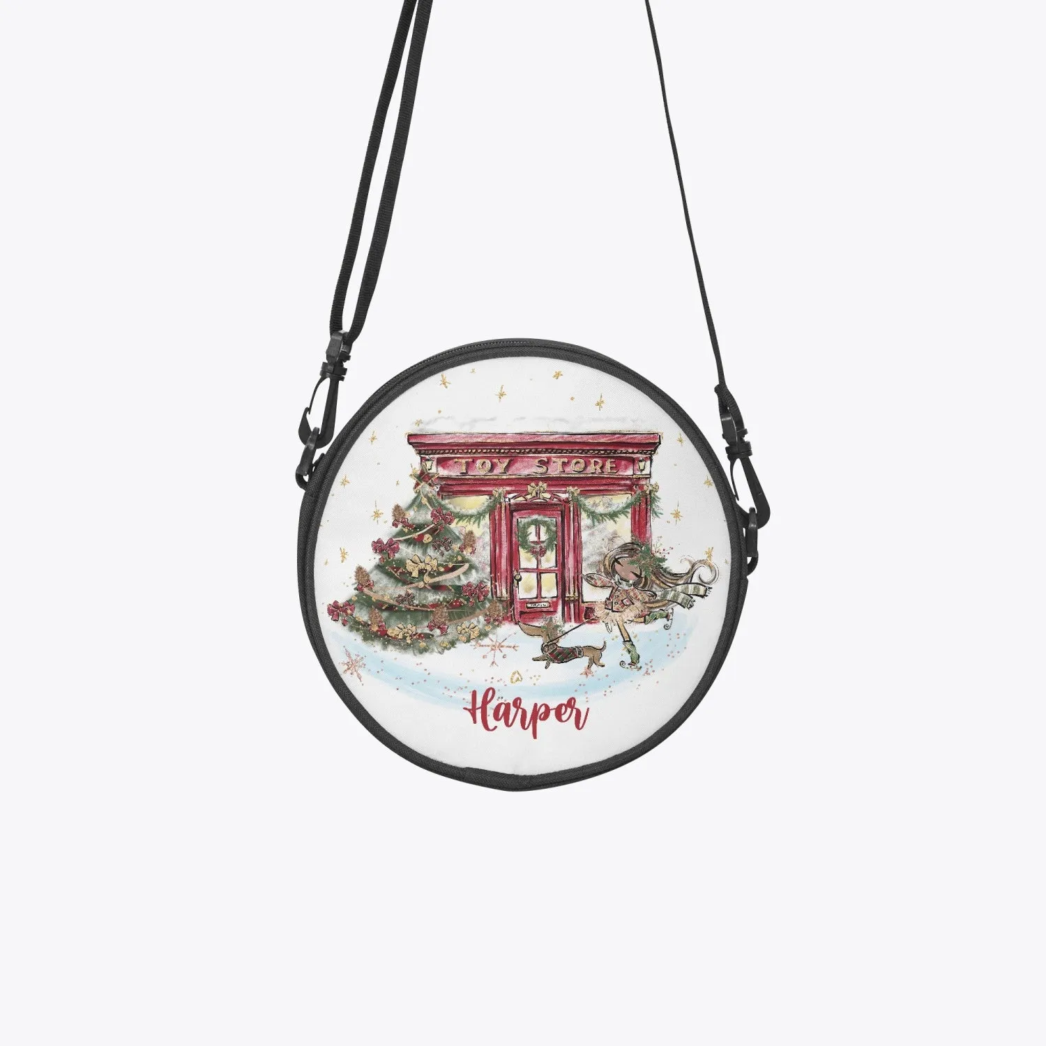 Round Satchel Bag, Christmas Toy Shop, Girl Brunette Hair Olive Skin