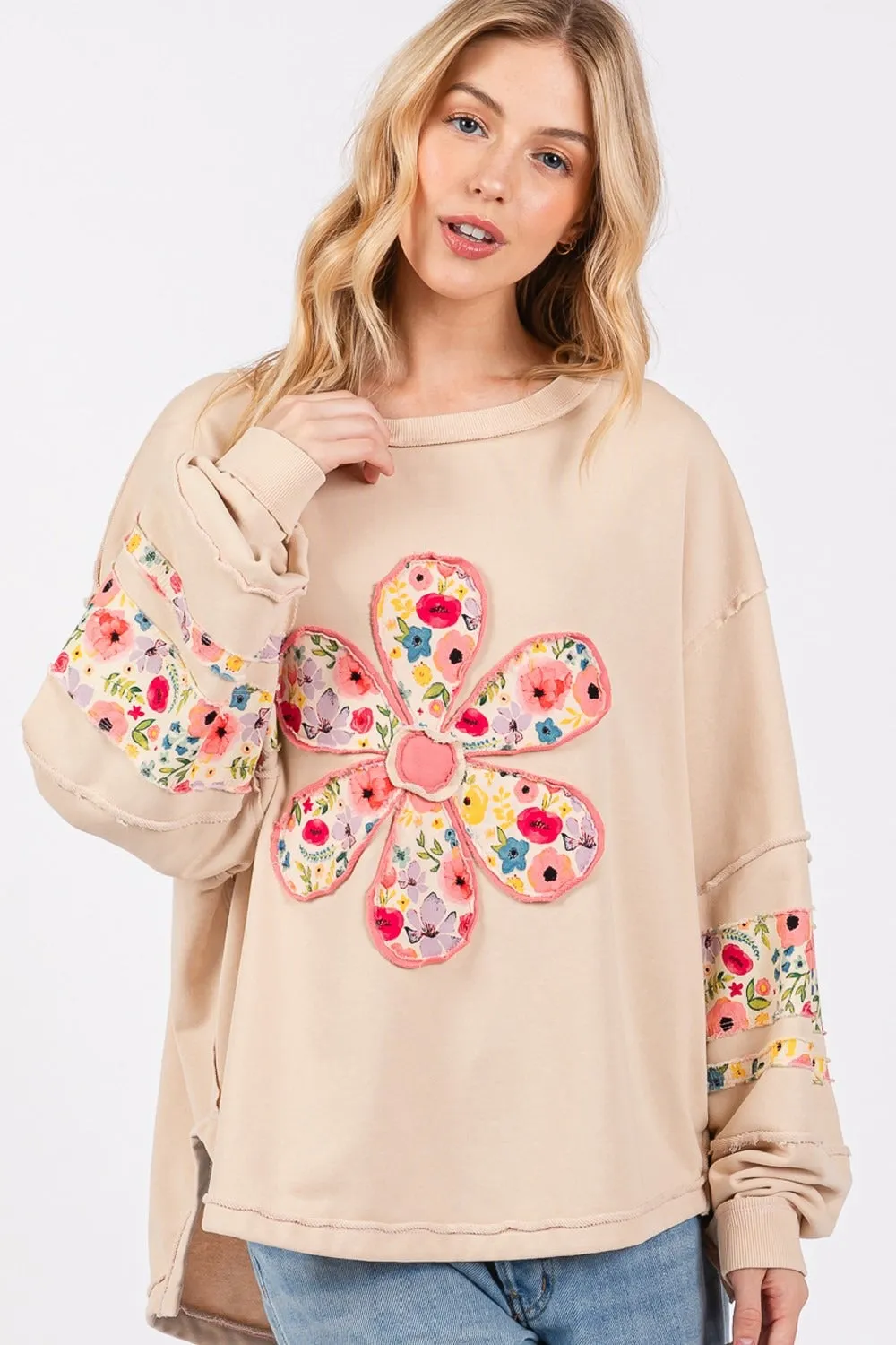 SAGE   FIG Daisy Patch Applique Long Sleeve Sweatshirt