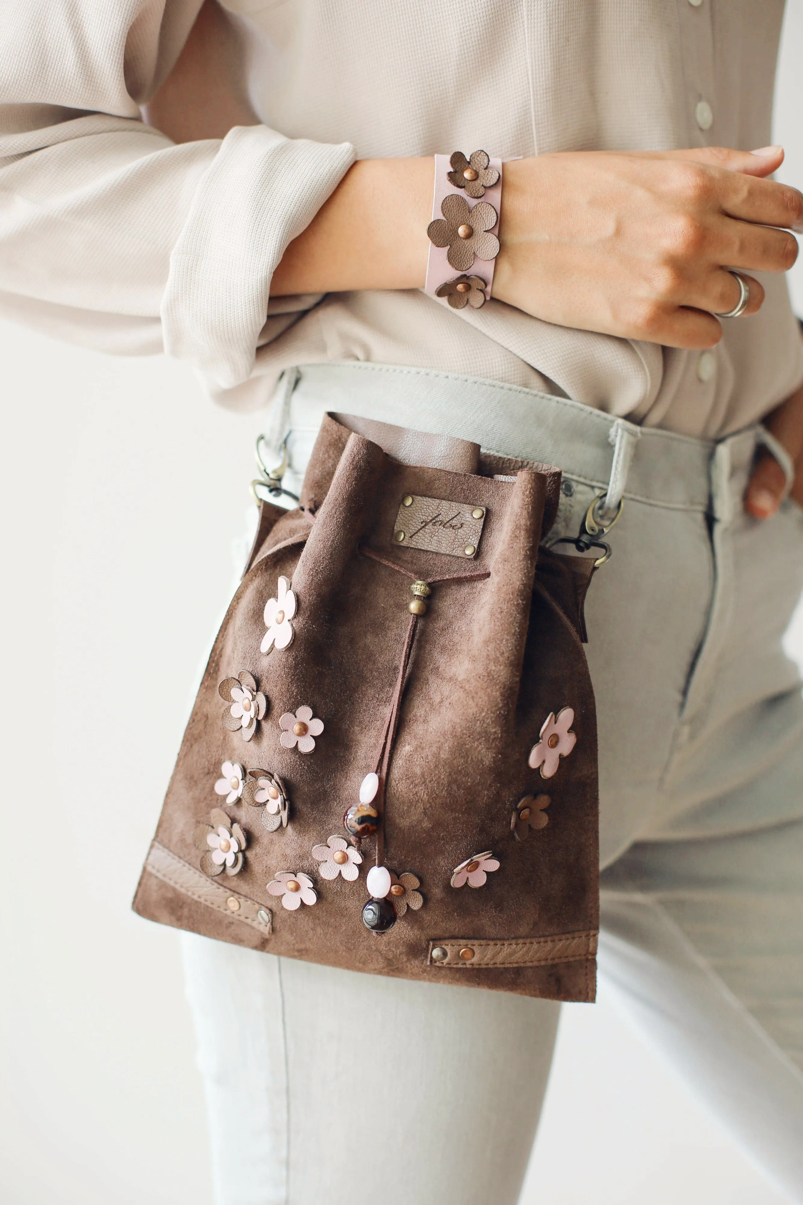 Taupe Floral Suede Pouch Bag