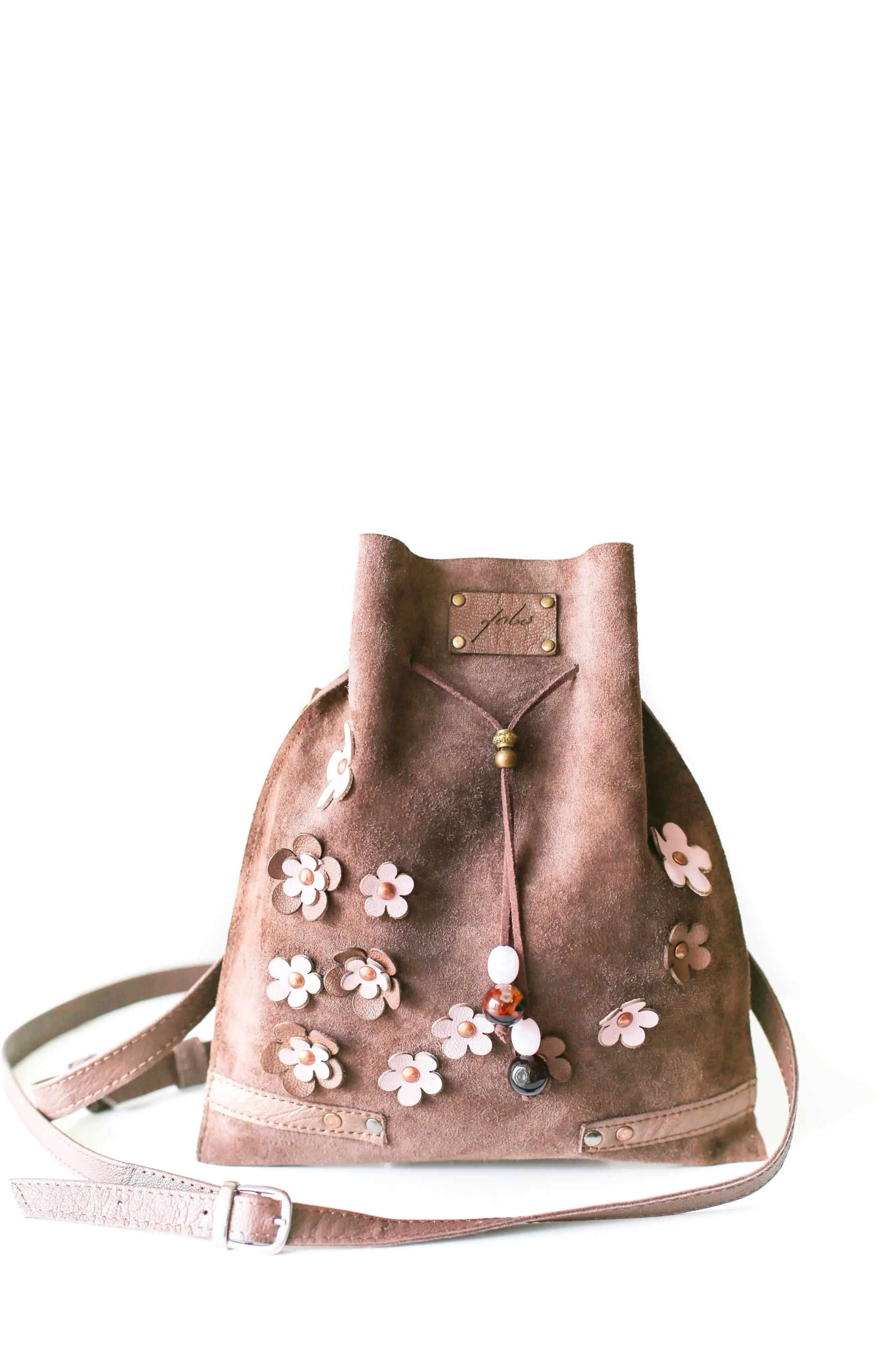 Taupe Floral Suede Pouch Bag