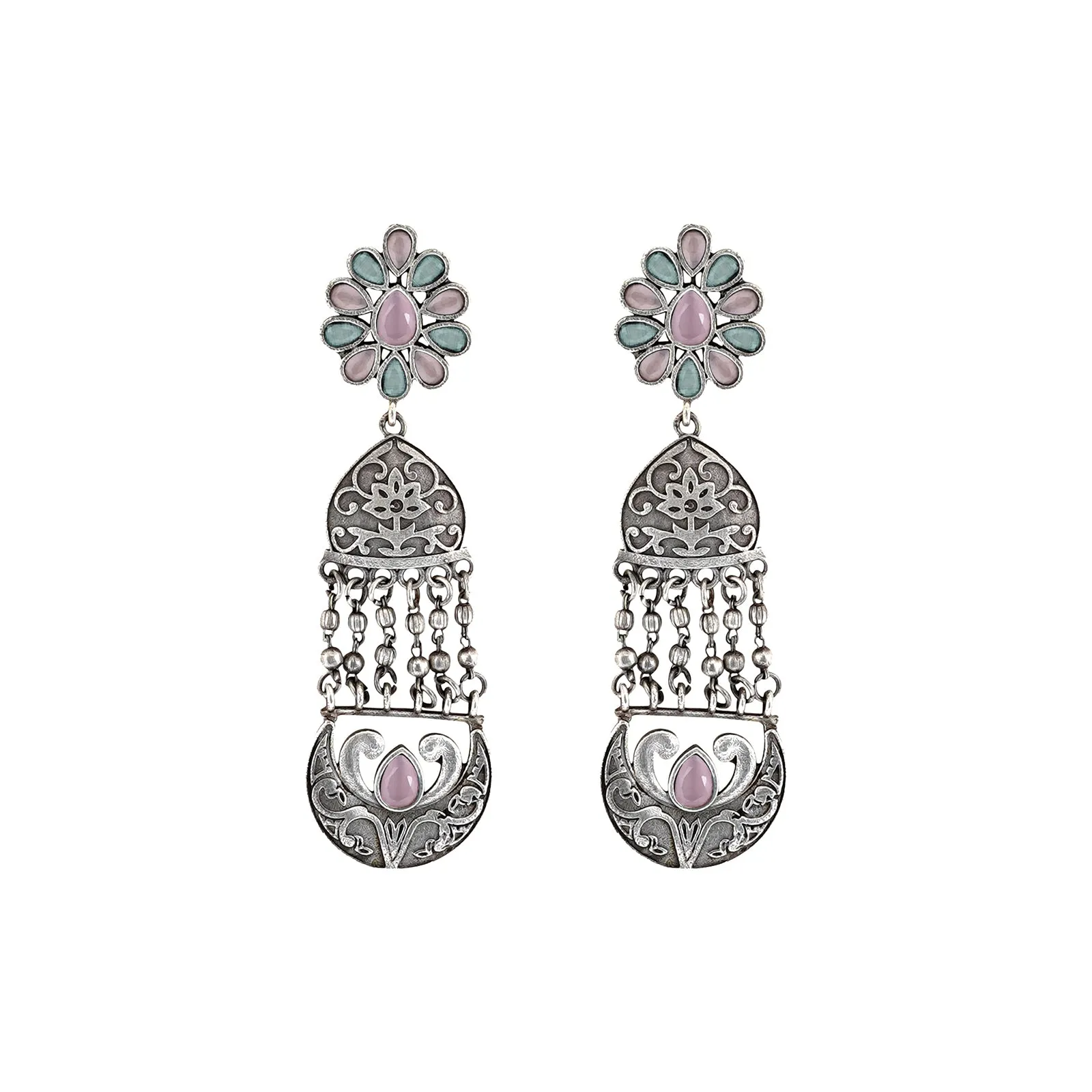 Teejh Bina Floral Pink & Green Silver Oxidised Earrings