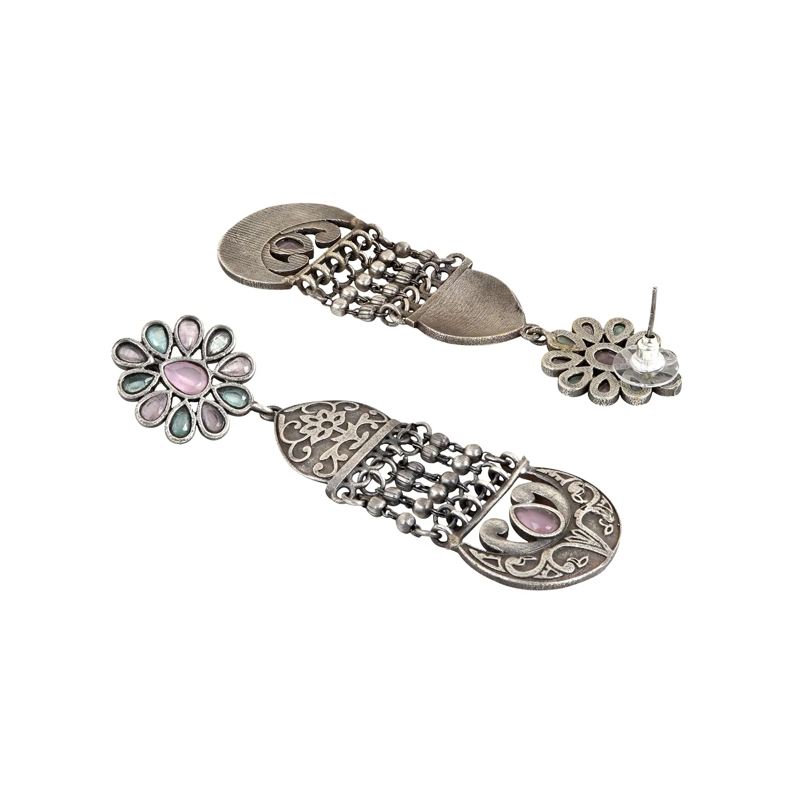 Teejh Bina Floral Pink & Green Silver Oxidised Earrings