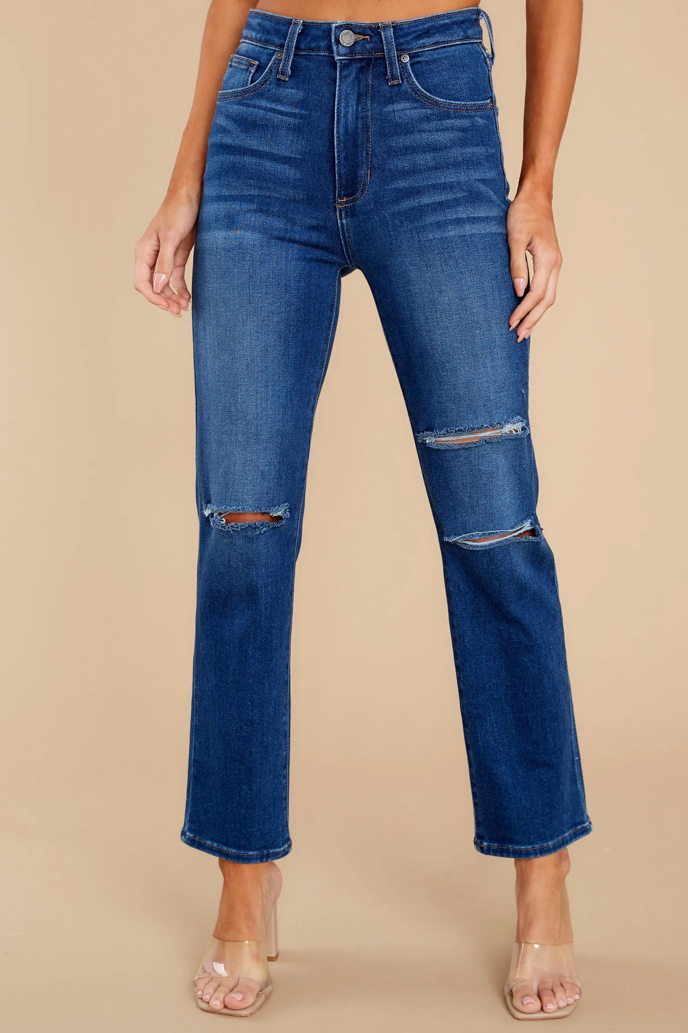 The Wait Is Over Dark Wash Distressed Straight Jeans